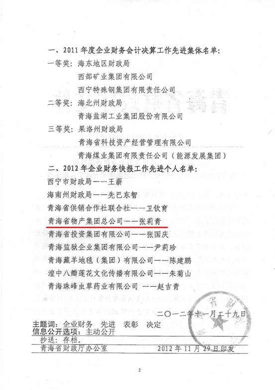 物產(chǎn)集團(tuán)榮獲2011年度財(cái)務(wù)決算先進(jìn)單位、2012年度財(cái)務(wù)快報(bào)工作先進(jìn)個(gè)人表彰